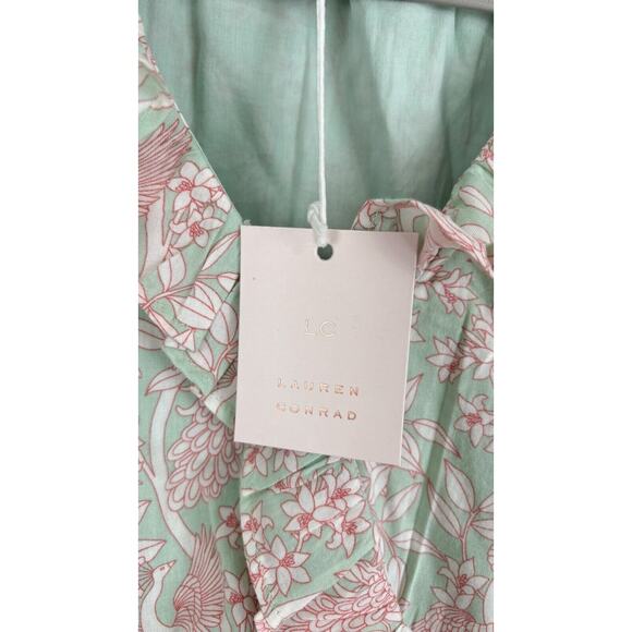 LC Lauren Conrad Womens Peacock Floral Wrap Blouse Short Sleeve XL Green NWT - Picture 12 of 13